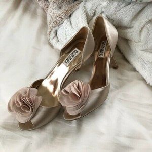 Badgley Mischka Thora Women's Brial Open Toe Pumps Nude Satin US 6.5 M